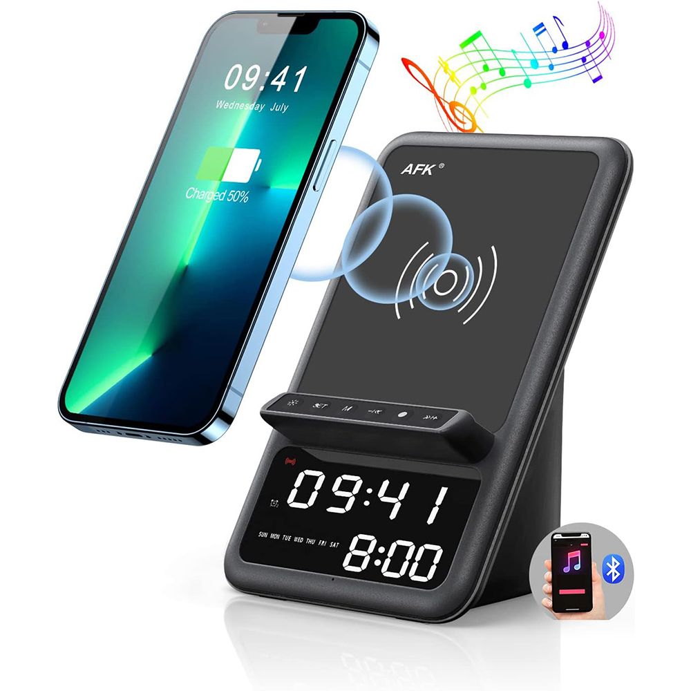 Wireless Charging Station with Bluetooth Speaker and Alarm Clock, 4 in 1 Wireless Charger Compatible with iPhone and Android Phones, Black