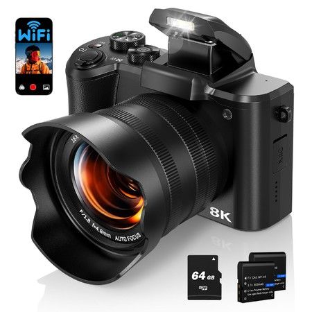 8K Digital Camera,88MP Autofocus WiFi Vlogging Camera for YouTube Video with Front and Rear Lens,Flash,Touch Screen,Lens Hood,64GB Card,2 Batteries