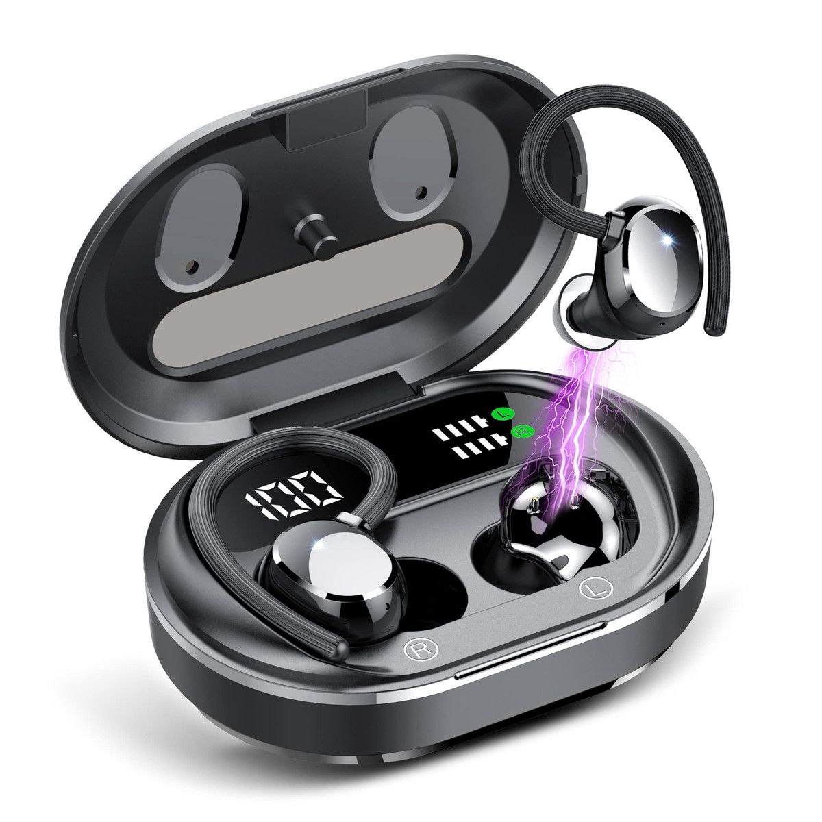 Wireless Earbuds, HiFi Stereo Bluetooth 5.3 Running Headphones with Dual LED Display, Bluetooth Earphones with Earhooks for Sport, Black