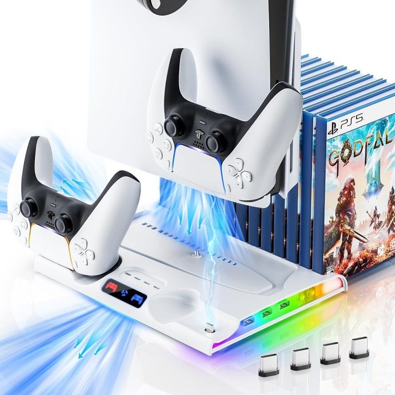 PS5 Slim Cooling Station 2 Controller Charging Dock Cooling Fan Vertical Stand 8 Game Slots Christmas Gift COL White
