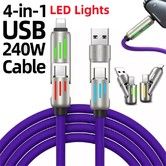240W 4-in-1 USB C Super Fast Charge Cable With Breathing Light,Multi-Charging Cable Color Purple
