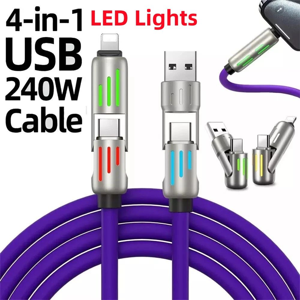 240W 4-in-1 USB C Super Fast Charge Cable With Breathing Light,Multi-Charging Cable Color Purple