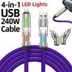 240W 4-in-1 USB C Super Fast Charge Cable With Breathing Light,Multi-Charging Cable Color Purple