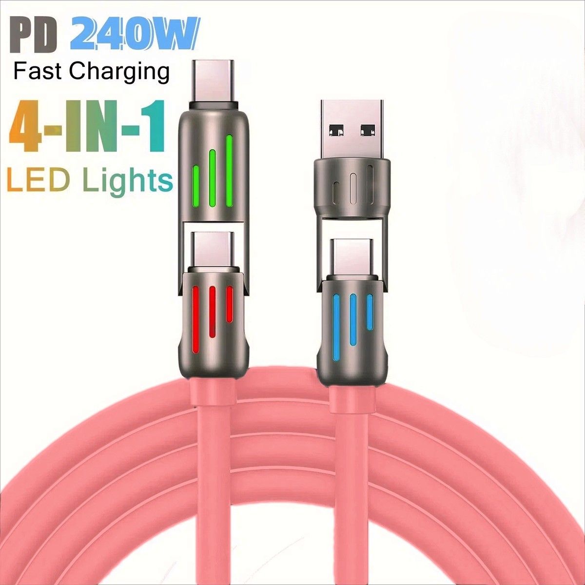 240W 4-in-1 USB C Super Fast Charge Cable With Breathing Light,Multi-Charging Cable Color Pink