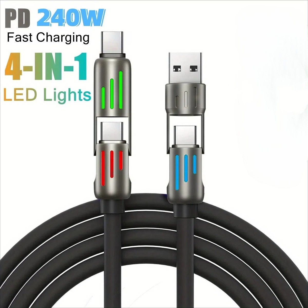 240W 4-in-1 USB C Super Fast Charge Cable With Breathing Light,Multi-Charging Cable Color Black