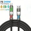 240W 4-in-1 USB C Super Fast Charge Cable With Breathing Light,Multi-Charging Cable Color Black
