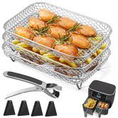 Air Fryer Rack for Ninja Dual Kannino 3pcs Layered Dehydrator Racks Stainless Steel Grilling Rack Rectangle Basket Tray Clip Heighten Feet Pad