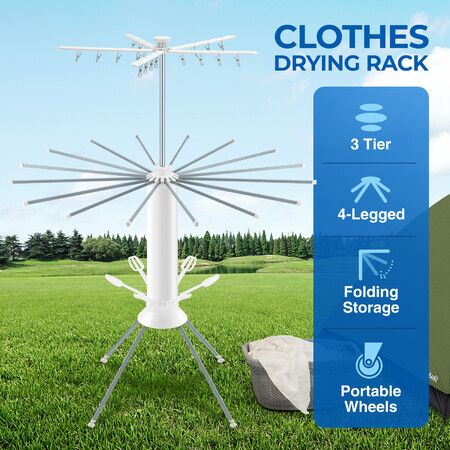 Clothes Drying Rack Garment Airer Laundry Horse 3 Tier Stand Shoes Hanger Rod Rail Clip Foldable Storage Indoor Outdoor Portable Air Dryer with Wheels