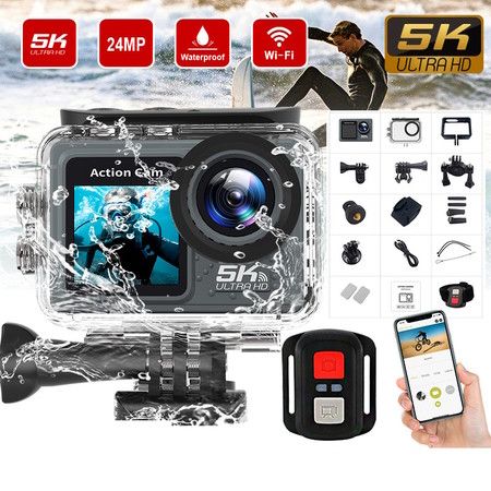 Action Camera 5K 128G SD Card 24MP Dual Screens 30m Waterproof 170 Wide Angle WiFi 2.4G Remote 4X Zoom Accessories Kit Christmas Gift