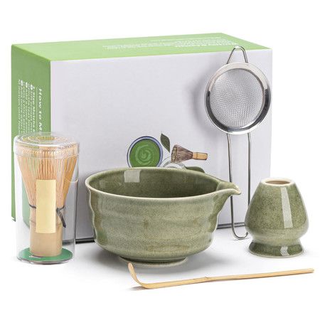Japanese Matcha Set,Matcha Bowl with Spout,Matcha Whisk and Holder,Bamboo Matcha Scoop and Stainless Steel Sifter,5 Pcs Gradient Green Matcha Kit