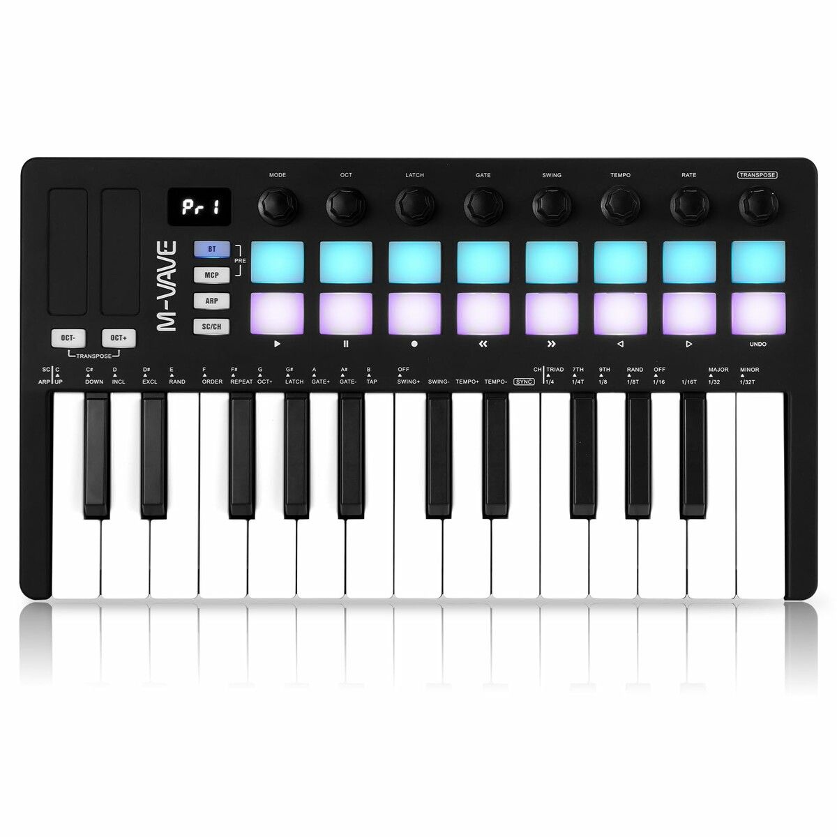 25 Key USB MIDI Keyboard Controller with 16 Backlit Pads,Professional Semi-Weighted Dynamic Bluetooth Keyboard,8 Knobs For Music Production Col Black