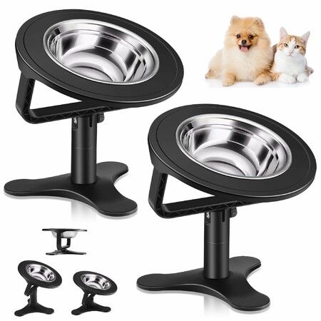Elevated Cat Bowls with Adjustable Stand,15 Degree Tilted Stainless Steel Non-Slip Feeder for Indoor Cats(2 Pack,Black)