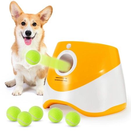 Automatic Ball Launcher With 6 Balls,Interactive Dog Fetch Machine,3 Adjustable Distances From 3-9M For Dog Color Orange
