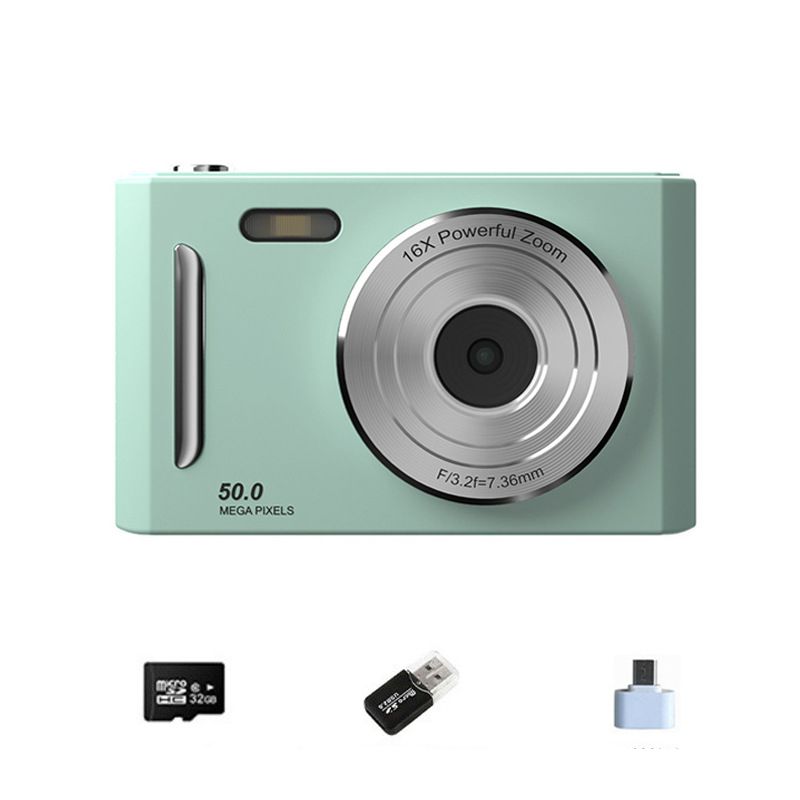 Green Student Digital Camera HD DualLens 50MP 8x Zoom Beauty Filter FrontBack Cameras 32G Memory Card