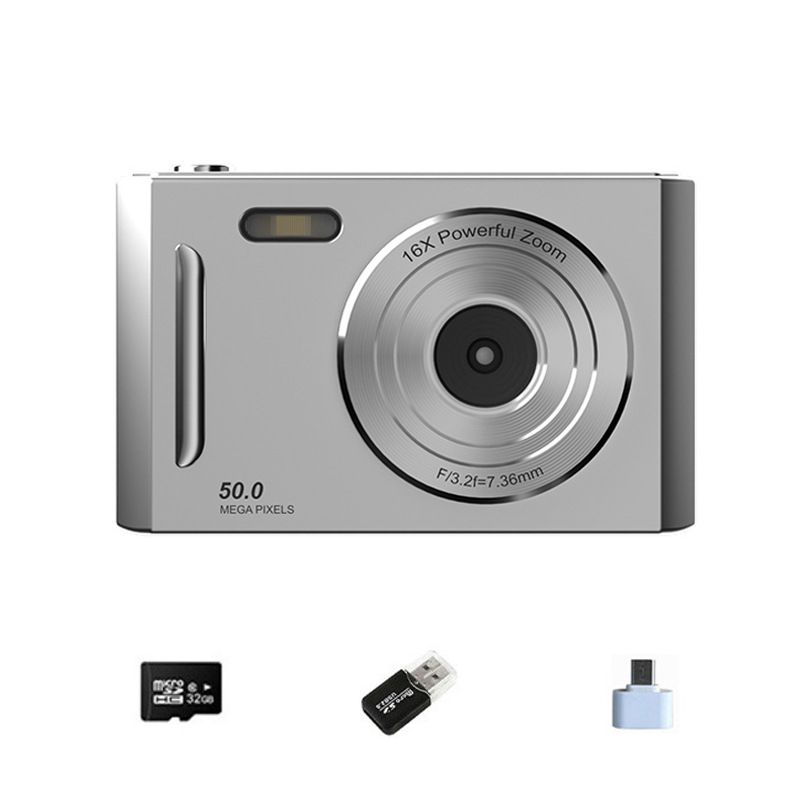Silver Student Digital Camera HD DualLens 50MP 8x Zoom Beauty Filter FrontBack Cameras 32G Memory Card