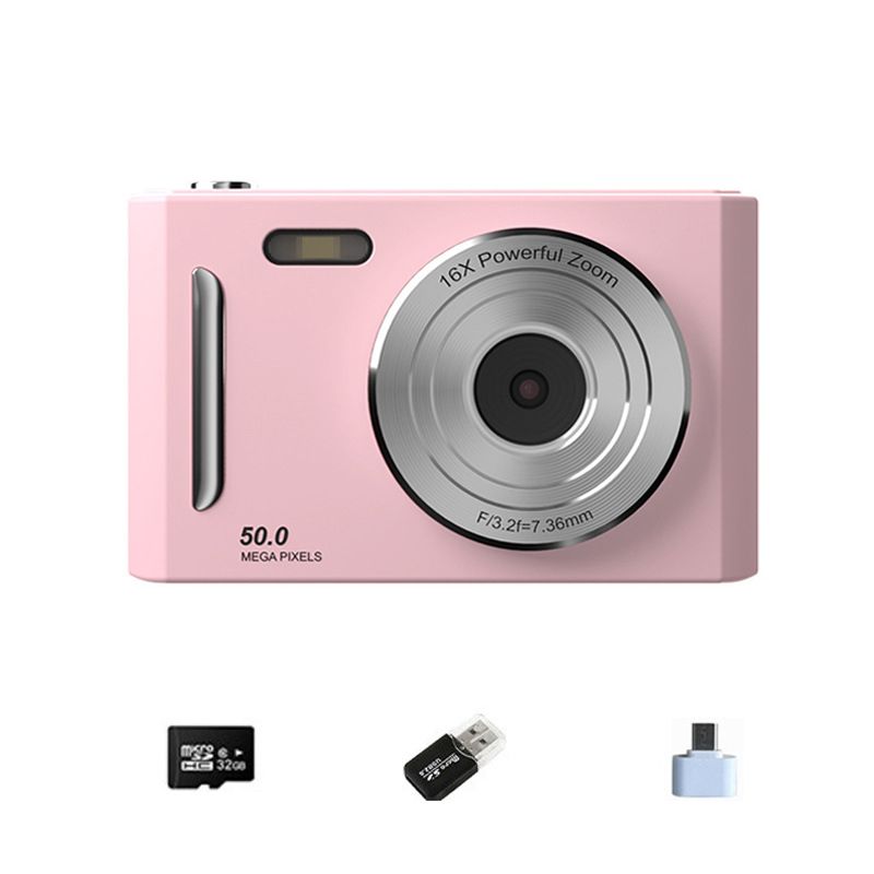 Pink Student Digital Camera HD DualLens 50MP 8x Zoom Beauty Filter FrontBack Cameras 32G Memory Card