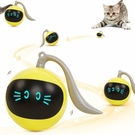 Speedy Ball with LED Cat Toy,Smart Interactive Cat Ball,Automatic Cat Rolling Ball Enrichment Toy,Electronic Rollie Pet Chase Color Yellow