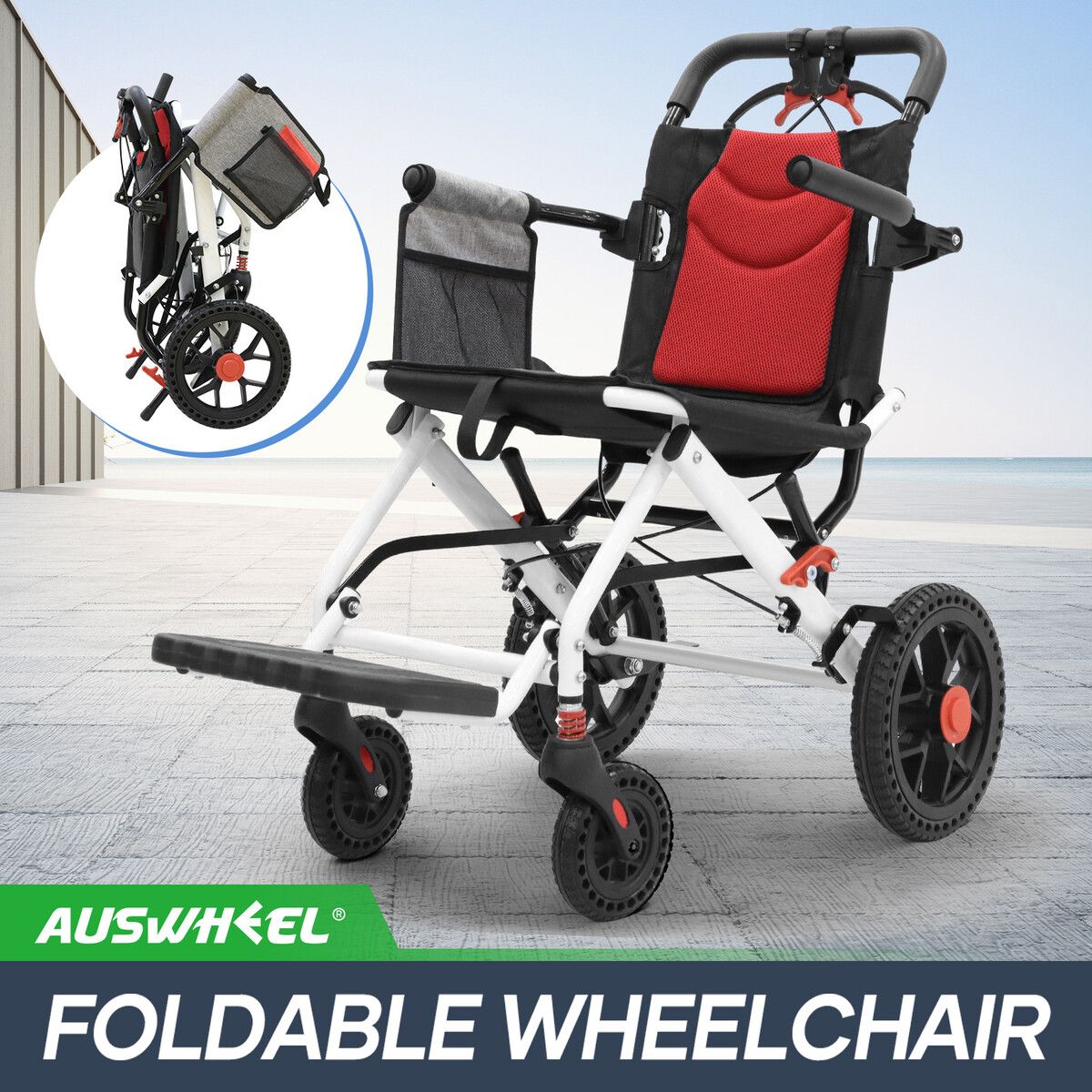 12 Inch Folding Wheelchair Mobility Disability Aid Equipment Portable PU Wheel Travel Lightweight Elderly Rear Hand Brakes Auswheel