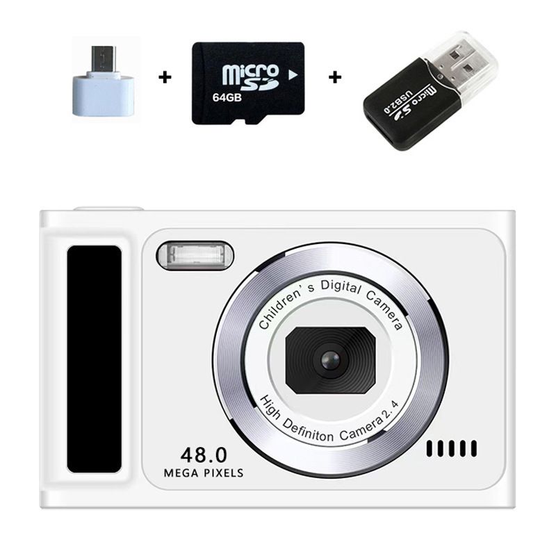 Kids Camera for Age 3 Up, with 64G Memory Card, Auto Focus 48MP 1080p 8X Zoom Automated Recessed Screen Light Camera for Daily Travel, White