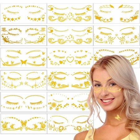 15 Sheets Metallic Gold Temporary Tattoo Stickers Butterfly Star Glitter Face Designs For Girls Women Dancer Party Festivals