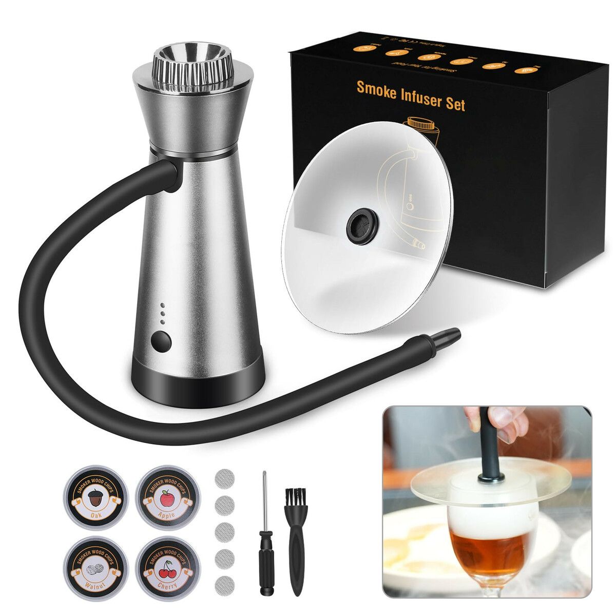 Cocktail Smoker Kit,Smoking Gun Food Smoker with Cup Lid and 4 Flavors Wood Chips,Handheld Portable Drink and Food Smoker Infuser for Cocktails Meat,Silver