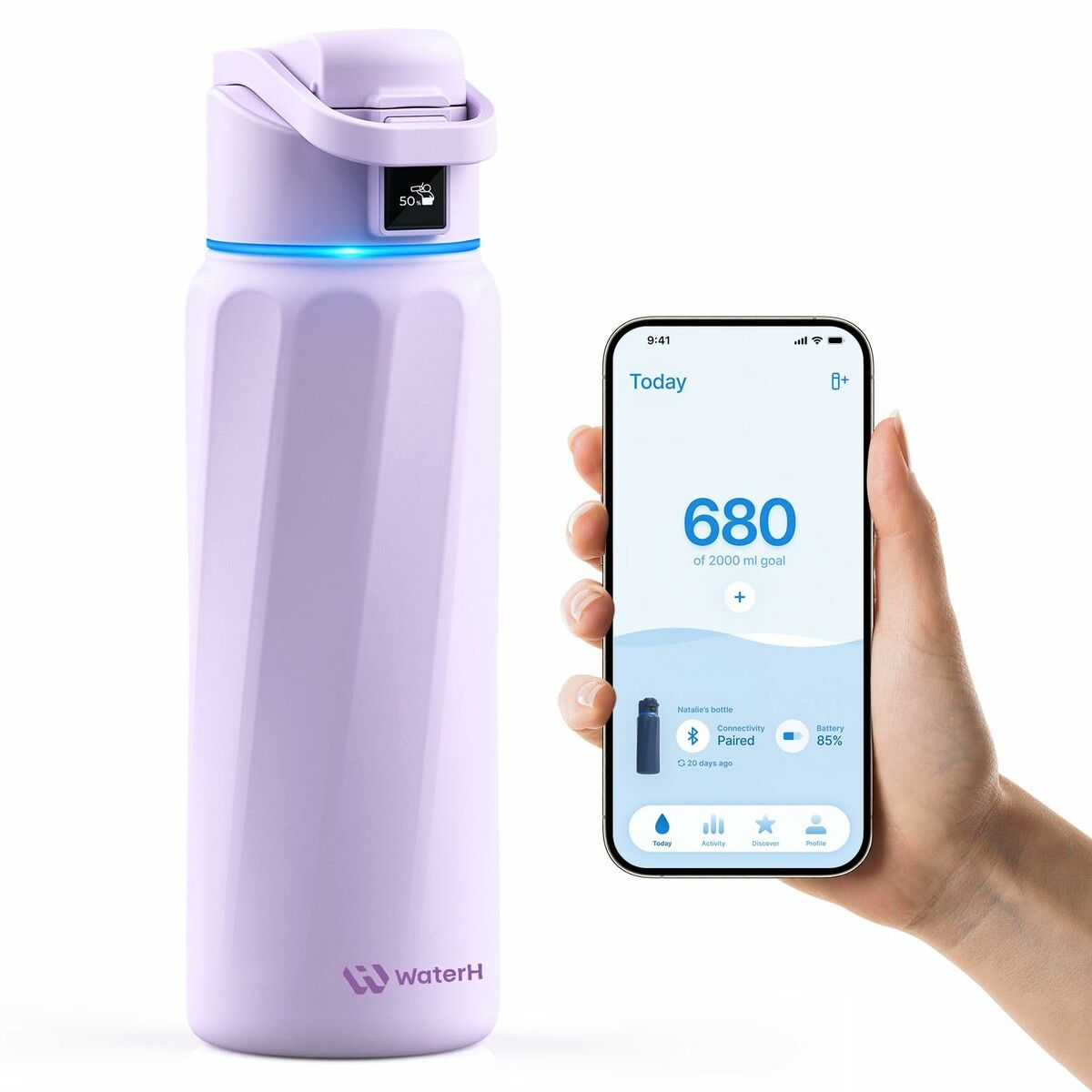 BOOST Smart Water Bottle with Reminder and Tracker - Double Wall Vacuum Insulated Stainless Steel, Wide Mouth 32 oz, Ideal Gift - Purple
