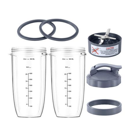 7 PCS Blender Cups Blade Replacement Set 32oz Cup FlipTop Lid Ring Extractor Blade Compatible with 600W 900W