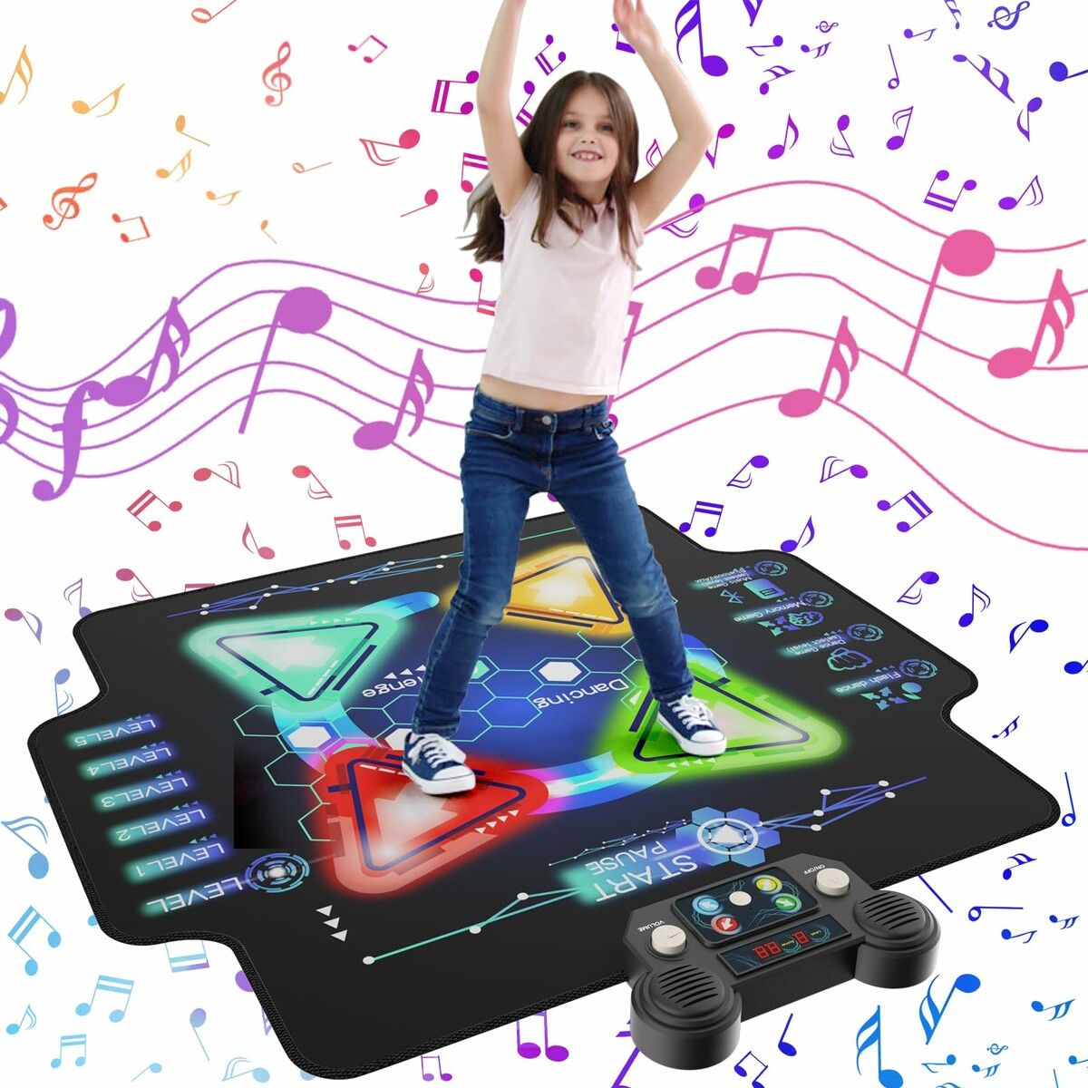 Wireless Bluetooth Dance Mats with Light Up 4-Buttons Music with 4 Game Modes and 5 Levels Dance Game Toy Gift for Kids Ages 3-12 Year