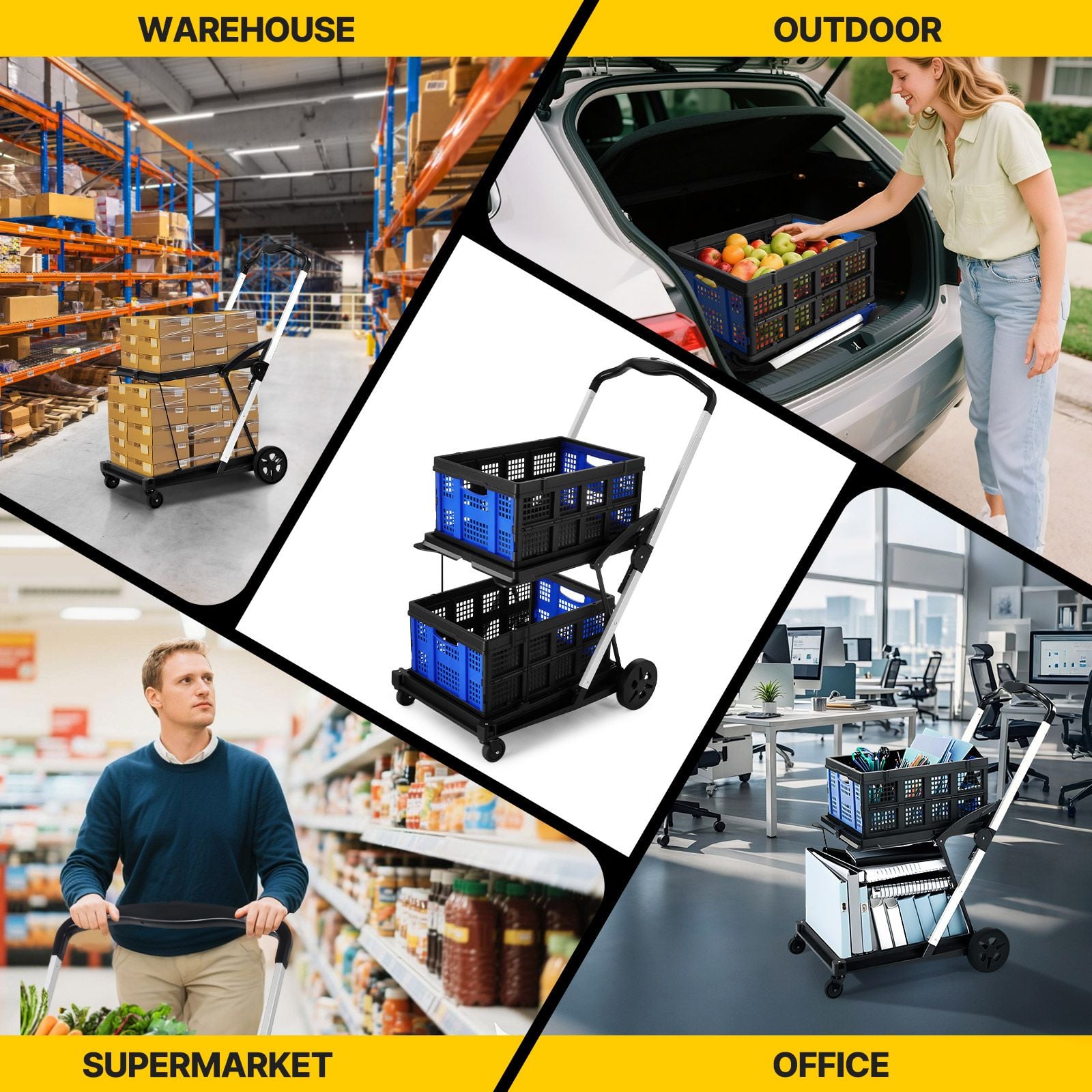 Folding Hand Truck Dolly Utility Luggage Cart Shopping Trolley Collapsible Foldable 2 Baskets for Moving Grocery Office Tennis Ball Camping 4 Wheels