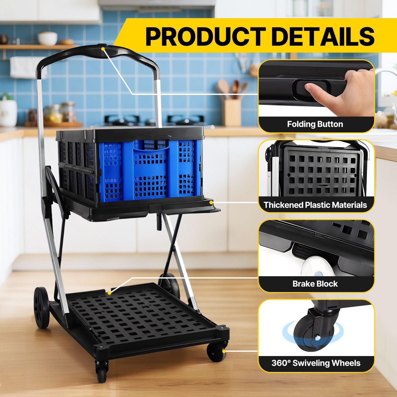 Folding Hand Truck Dolly Utility Luggage Cart Shopping Trolley Collapsible Foldable 2 Baskets for Moving Grocery Office Tennis Ball Camping 4 Wheels