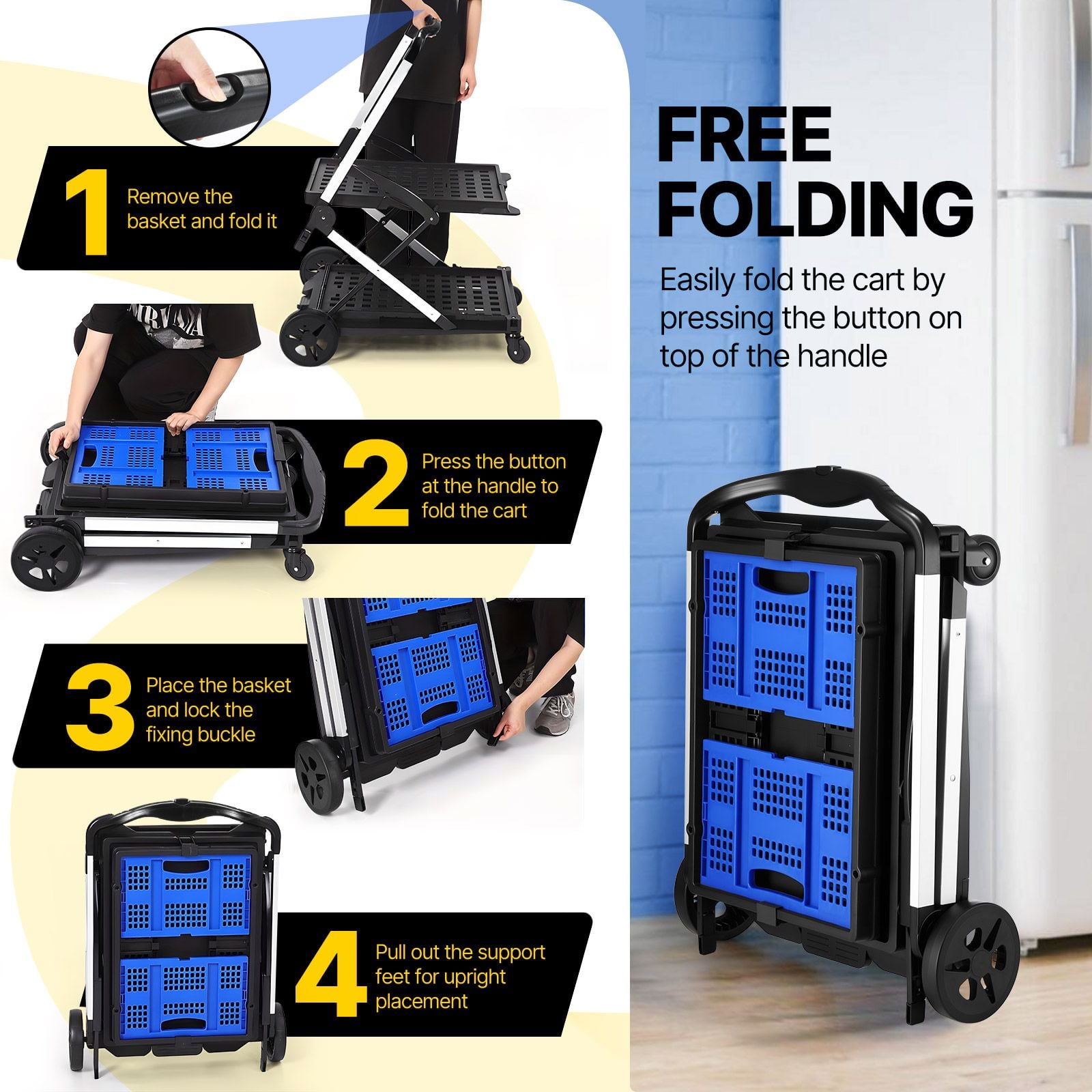 Folding Hand Truck Dolly Utility Luggage Cart Shopping Trolley Collapsible Foldable 2 Baskets for Moving Grocery Office Tennis Ball Camping 4 Wheels