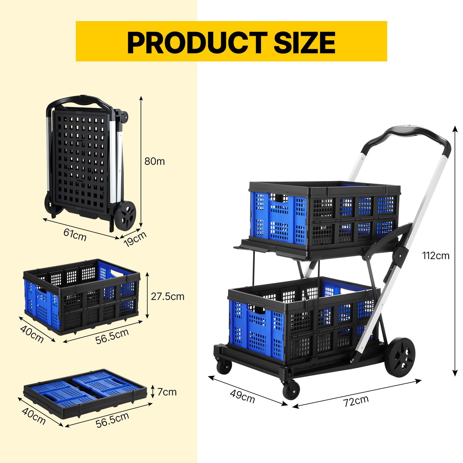 Folding Hand Truck Dolly Utility Luggage Cart Shopping Trolley Collapsible Foldable 2 Baskets for Moving Grocery Office Tennis Ball Camping 4 Wheels