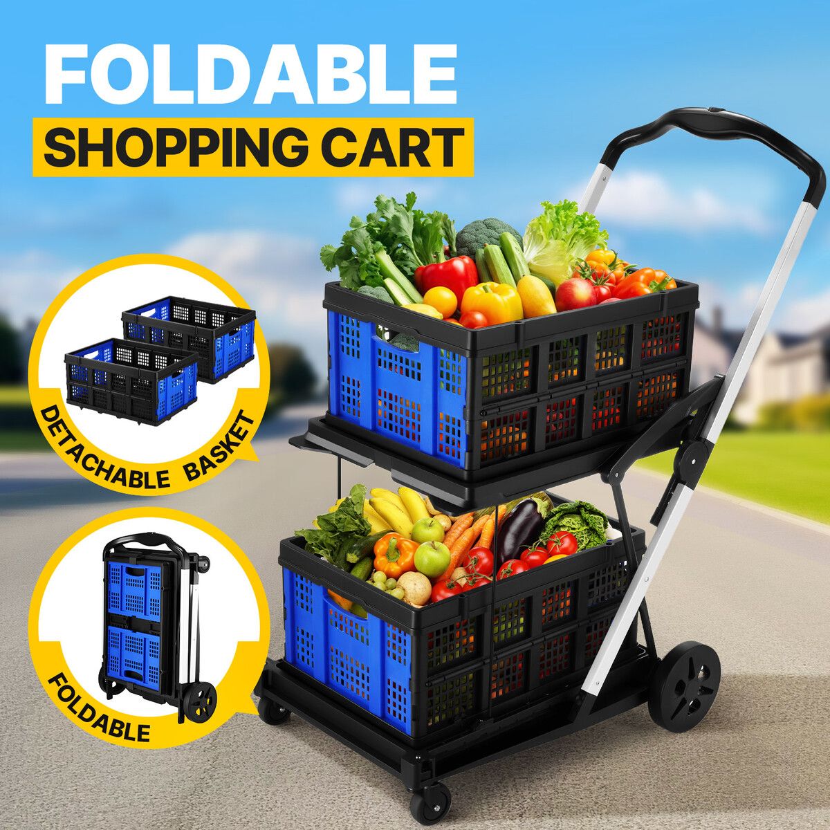 Folding Hand Truck Dolly Utility Luggage Cart Shopping Trolley Collapsible Foldable 2 Baskets for Moving Grocery Office Tennis Ball Camping 4 Wheels