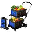 Folding Hand Truck Dolly Utility Luggage Cart Shopping Trolley Collapsible Foldable 2 Baskets for Moving Grocery Office Tennis Ball Camping 4 Wheels