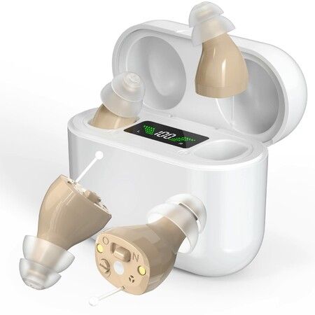 Hearing Aids,Digital Rechargeable OTC Hearing Aids for Seniors with Charging Case,Invisible Hearing Amplifier with Noise Reduction (Beige)