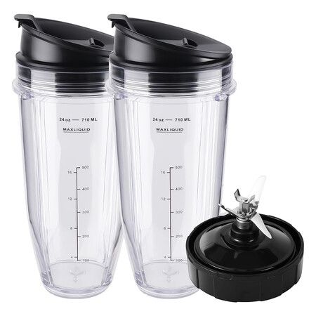 Ninja Blender Cups Replacement Parts 5 Pcs Set, 2 x 24oz Cups with Lids and 7 Fins Blade, Fits Nutri Ninja BN401 BN751 BN801 BL450 BL480 BL640 NN100