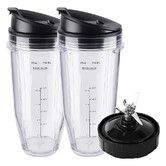 Ninja Blender Cups Replacement Parts 5 Pcs Set, 2 x 24oz Cups with Lids and 7 Fins Blade, Fits Nutri Ninja BN401 BN751 BN801 BL450 BL480 BL640 NN100