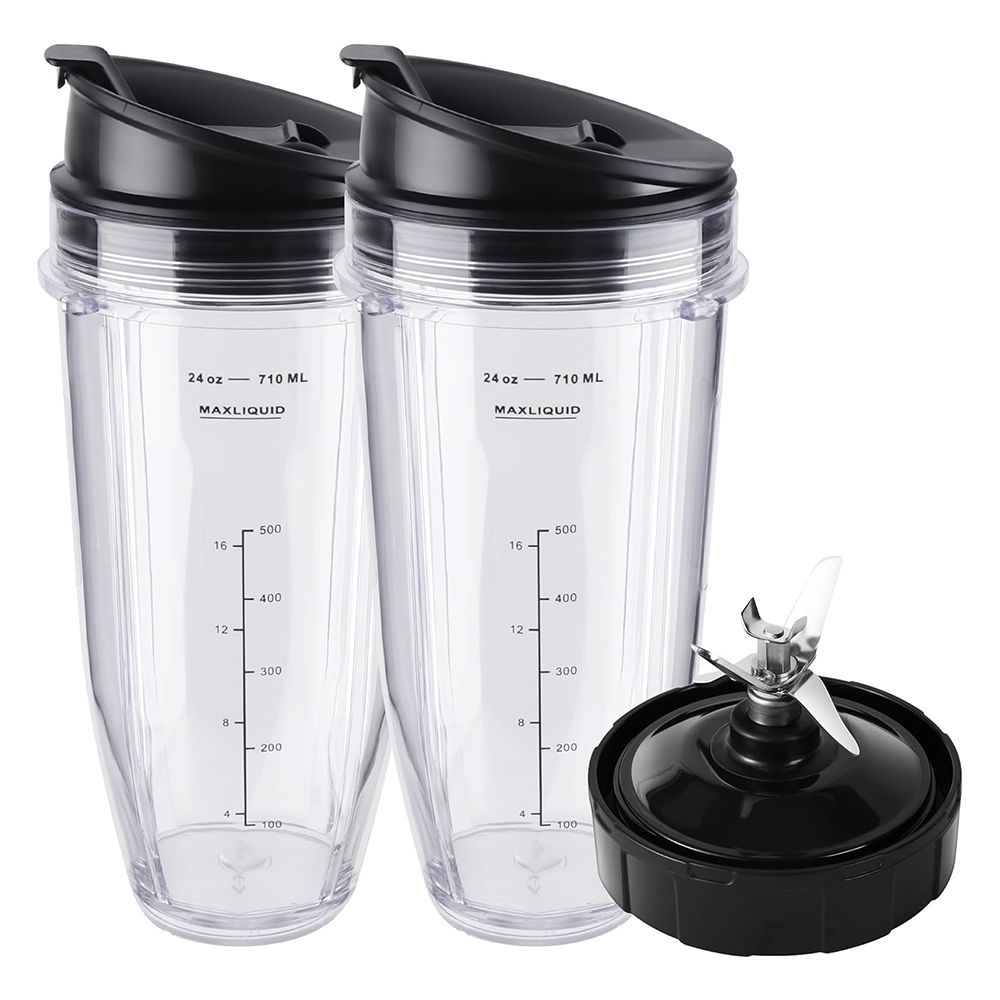 Ninja Blender Cups Replacement Parts 5 Pcs Set, 2 x 24oz Cups with Lids and 7 Fins Blade, Fits Nutri Ninja BN401 BN751 BN801 BL450 BL480 BL640 NN100