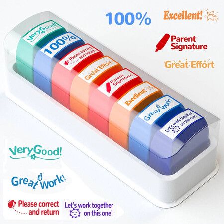 8 Colorful Self-Inking Motivational Teacher Stamps With Inks And Tray For Homework Grading,Encouraging Comments,Feedback Stamps For Classroom