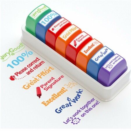 8 Colorful Self-Inking Motivational Teacher Stamps With Inks And Tray For Homework Grading,Encouraging Comments,Feedback Stamps For Classroom