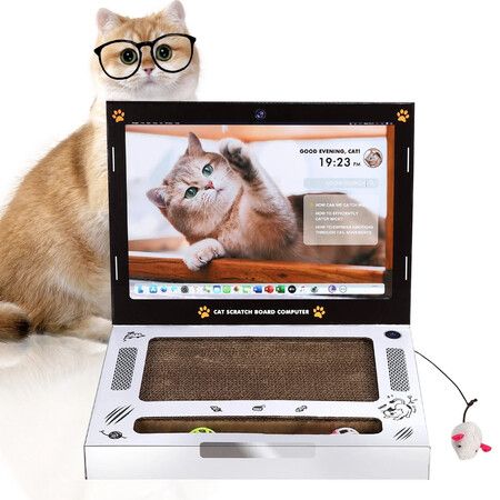 Portable Cat Laptop Scratcher for Indoor Cats,3-in-1 Interactive Cat Toys with Fluffy Mouse and Ball Pad,Kitten Toys and Cat Scratching Board