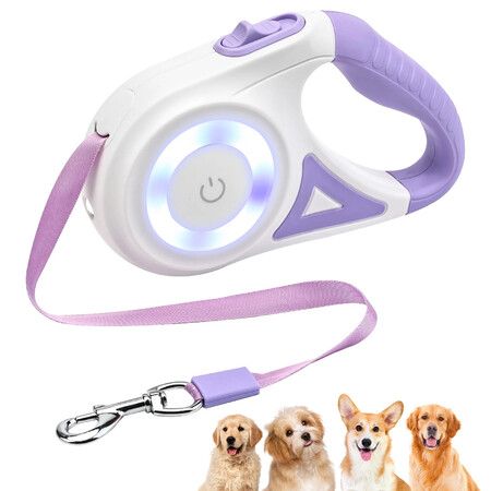 5m Retractable Dog Leash with Flashlight Safety Led Light,Anti-Slip Handle for Dogs,360 Degree Tangle-Free,One Button Brake Lock Color Purple