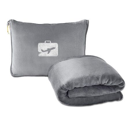 Travel Blanket and Pillow Soft 2 in 1 Airplane Blanket with Soft Storage Bag,Hand Luggage and Backpack Clip Grey