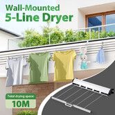 Retractable Clothesline 5 Line Clothes Dryer Airer Rack Wall Outdoor Wet Dry Laundry Garment Pull Out Air Washing Drying Cord 50m Galvanised Steel