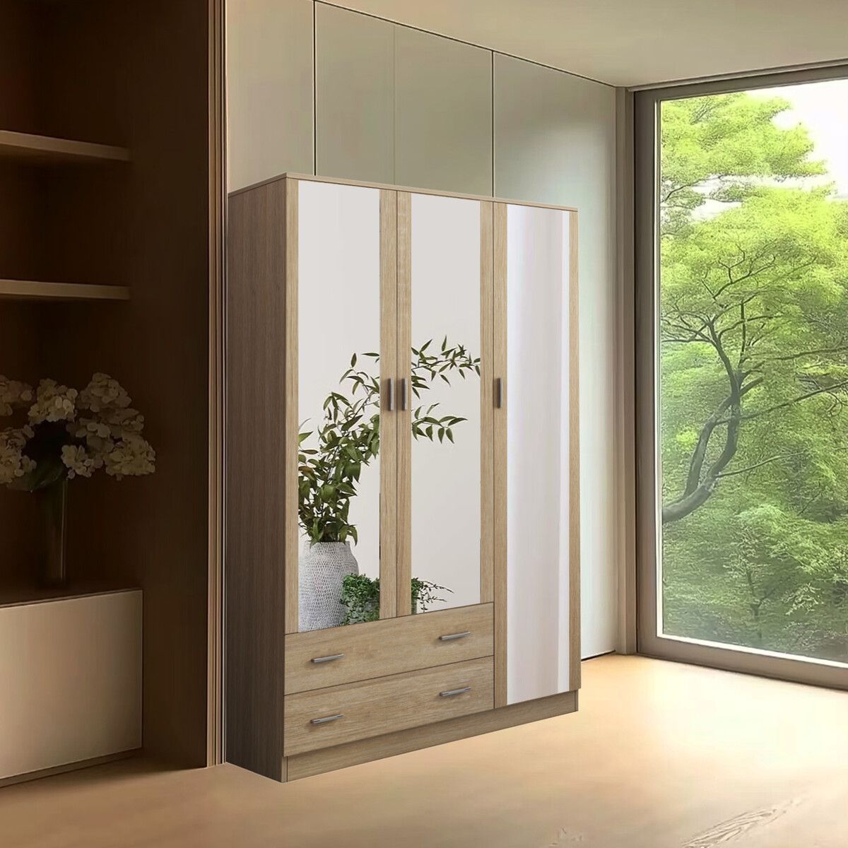 Mirrored Wardrobe Cabinet Armoire Closet Bedroom Clothes Storage Organiser Drawers Full Length Mirrors Wooden Furniture Hanging Rails 110x50x180cm Oak