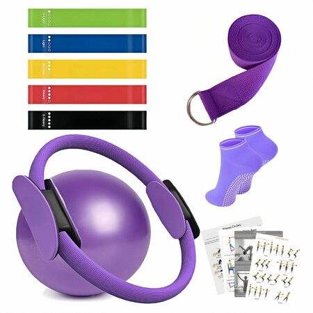 9Pcs Pilates Circle Rings Training Set Yoga Fitness Kit with Pilates Ring Grip Socks Resistance Bands for Home Gym Workouts Equipment Color Purple