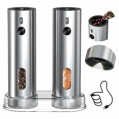 Rechargeable Electric Salt and Pepper Grinder Set with Base,Automatic Stainless Steel Pepper Mill Grinders with 110ml Container Adjustable Coars