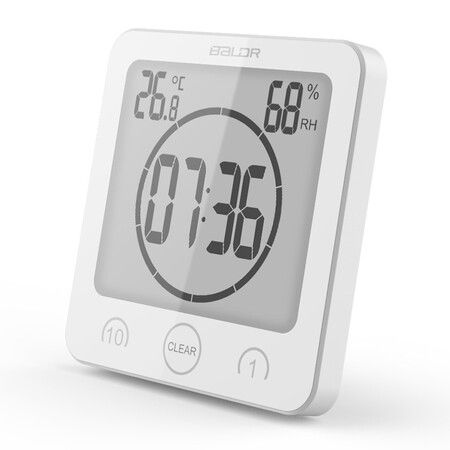 Shower Clock Waterproof Bathroom Clock with Suction Cup LCD Display Humidity Temperature Wall Clocks Countdown Timer (White)