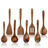 8 Pcs Wooden Spoons for Cooking, 100% Natural Teak Wooden Kitchen Utensils Set, Wooden Utensils Set for Cooking, Non-Stick, Comfort Grip, Easy to Clean