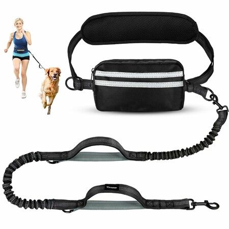 Hands Free Dog Leash, Adjustable Waist Belt with Double Padded Handles,Retractable Bungee for Medium Large Dogs for Dog Walking Running(Black-Green)